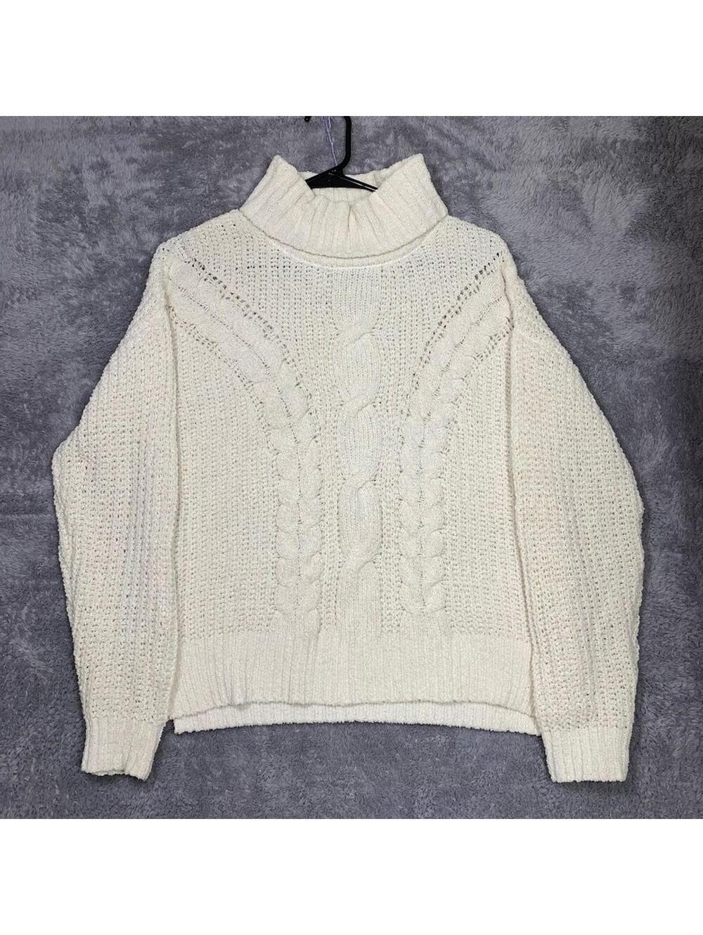 Moral Fiber Women's Cream Cable Knit Turtleneck Sweater Size M Polyester Chunky
